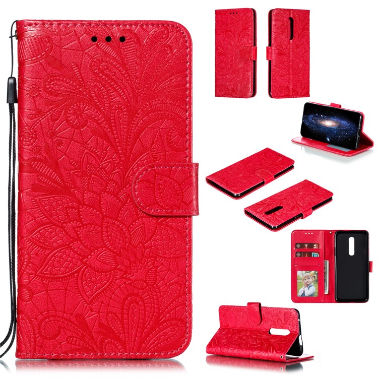 Lace Flower Imprinted Leather Wallet Stand Phone Casing Shell for OnePlus 7 Pro - Red-1