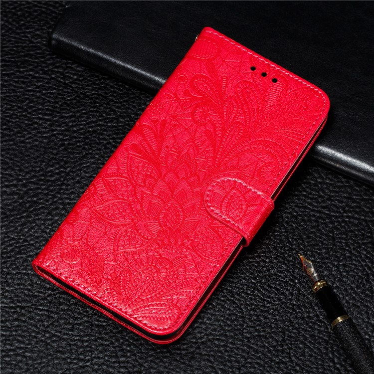 Lace Flower Imprinted Leather Wallet Stand Phone Casing Shell for OnePlus 7 Pro - Red-11