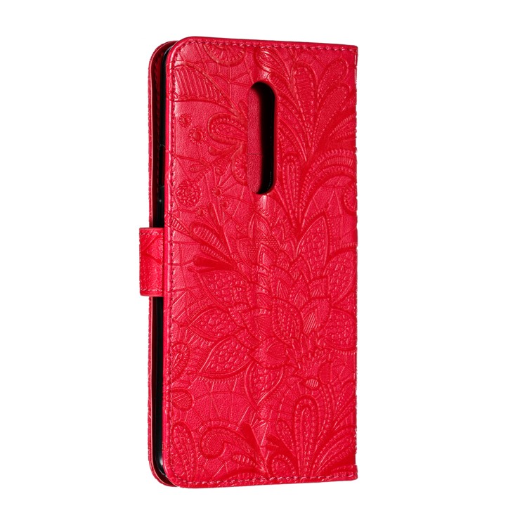 Lace Flower Imprinted Leather Wallet Stand Phone Casing Shell for OnePlus 7 Pro - Red-4