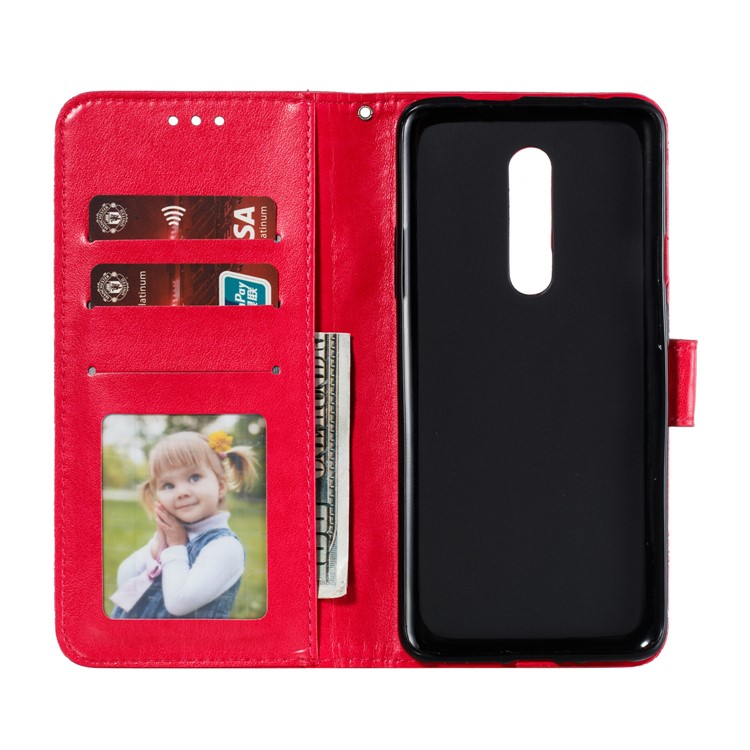 Lace Flower Imprinted Leather Wallet Stand Phone Casing Shell for OnePlus 7 Pro - Red-5