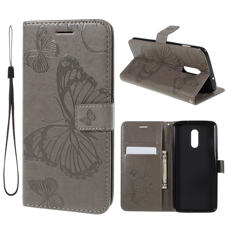 Imprint Butterfly Leather Wallet Case for OnePlus 7 / 6T - Grey-1