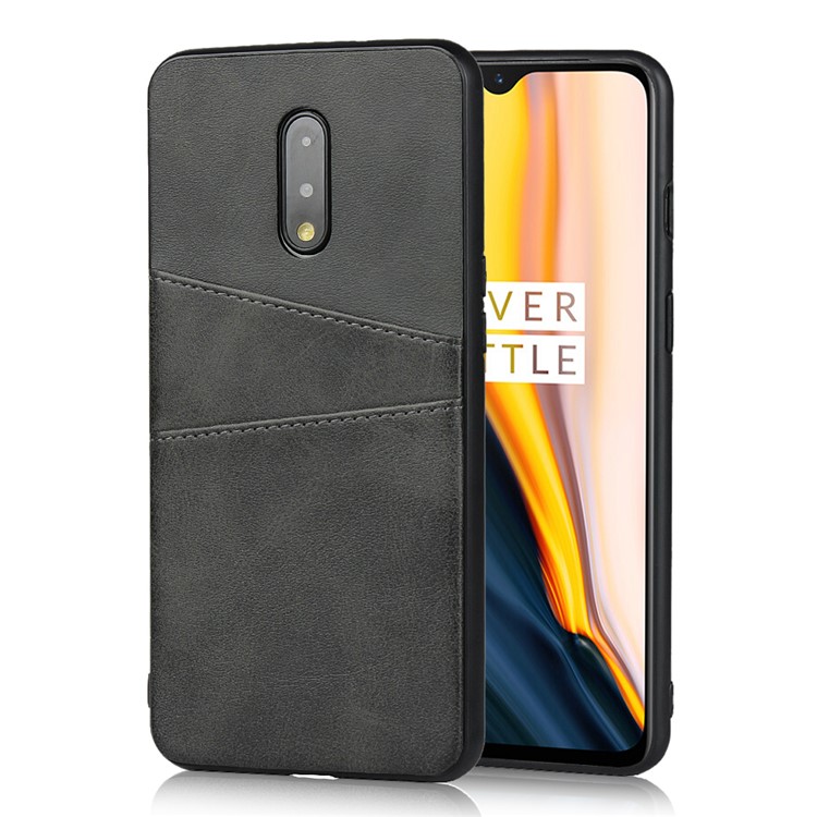 Dual Card Slots PU Leather Coated Hard PC Phone Casing Cover for OnePlus 7 - Black-1