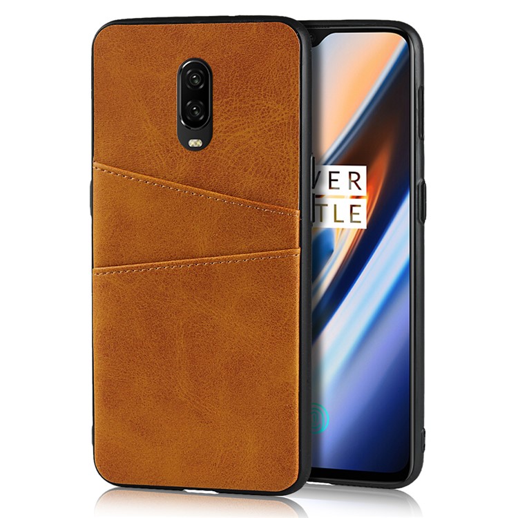 Leather+PC Casing Shell with Two Card Slots for OnePlus 6T - Brown-1