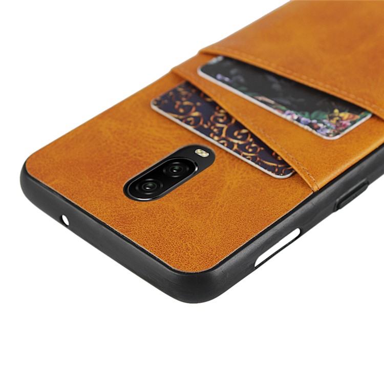 Leather+PC Casing Shell with Two Card Slots for OnePlus 6T - Brown-11