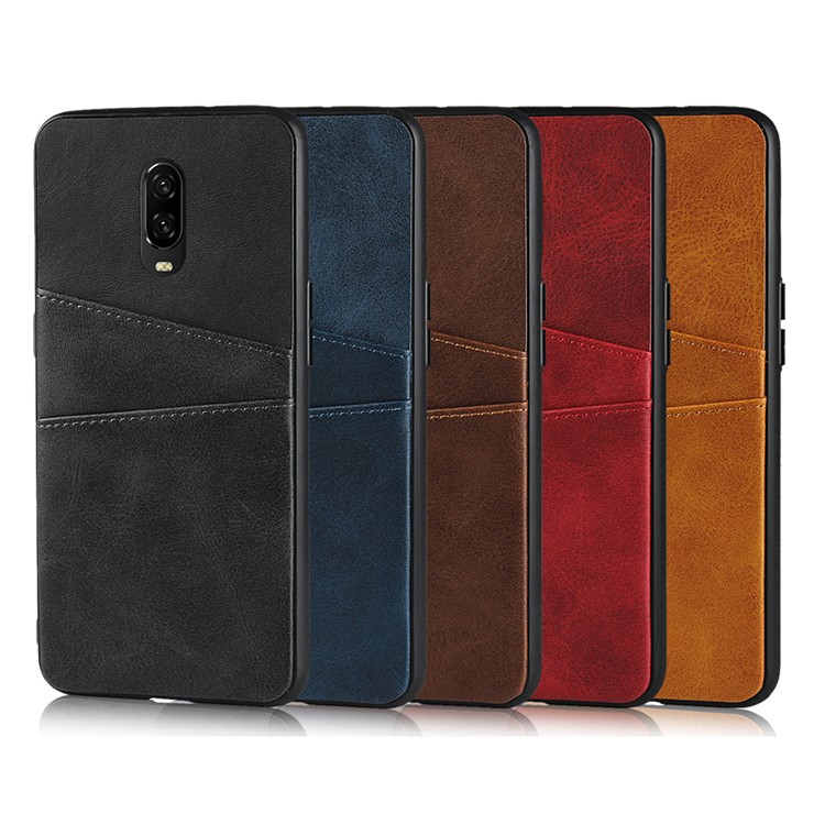 Leather+PC Casing Shell with Two Card Slots for OnePlus 6T - Brown-12