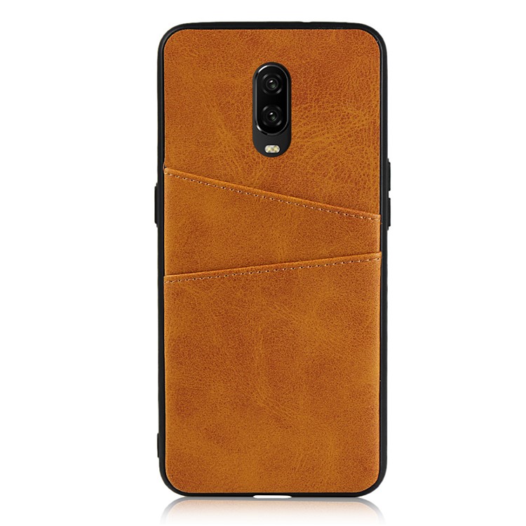 Leather+PC Casing Shell with Two Card Slots for OnePlus 6T - Brown-2