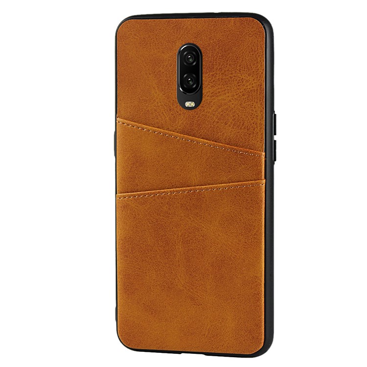 Leather+PC Casing Shell with Two Card Slots for OnePlus 6T - Brown-3