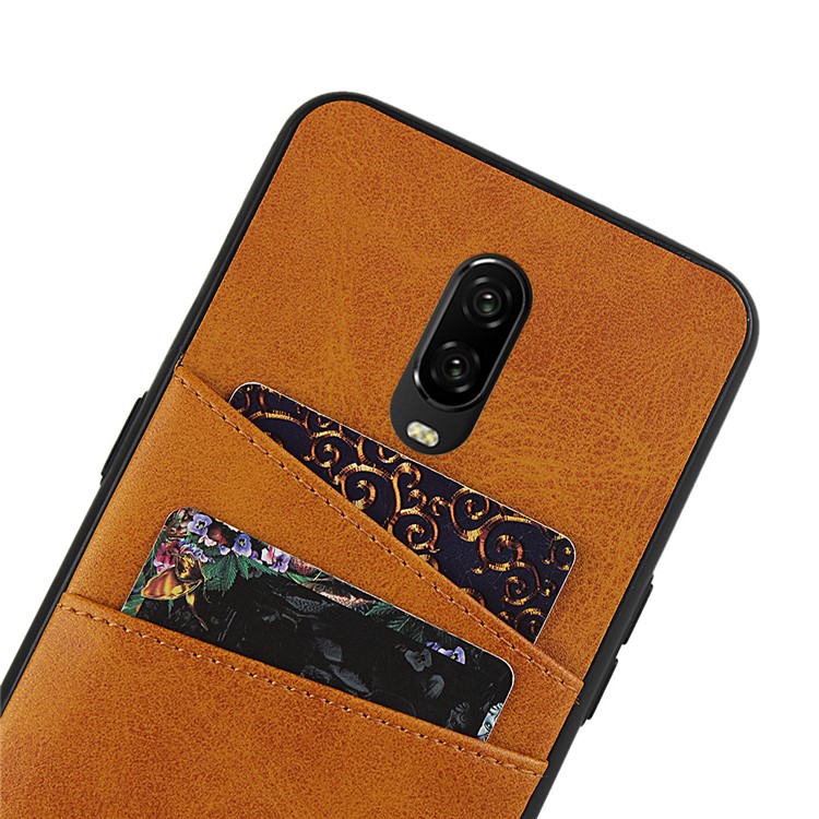 Leather+PC Casing Shell with Two Card Slots for OnePlus 6T - Brown-6