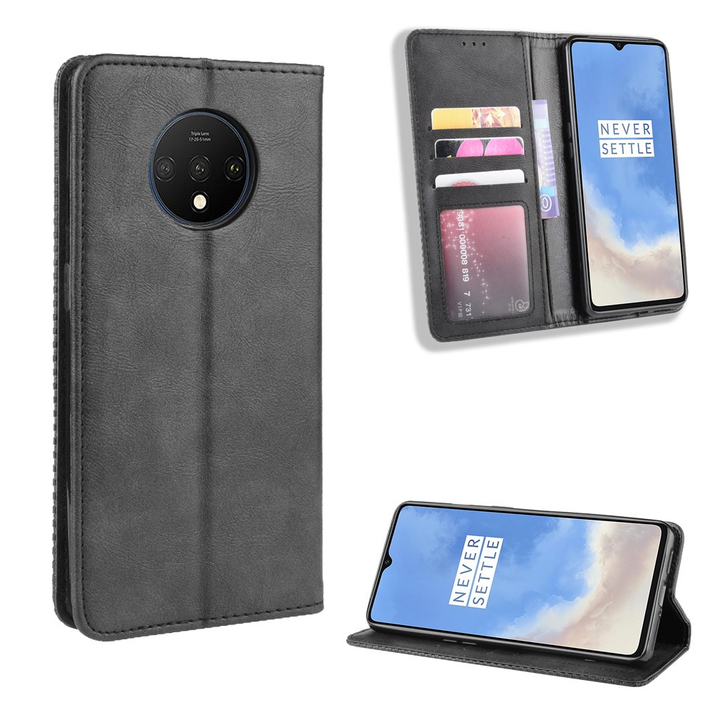 Boîtier Rétro Téléphone En Cuir Élégant Absorbé Automatiquement Pour OnePlus 7T - Noir-1