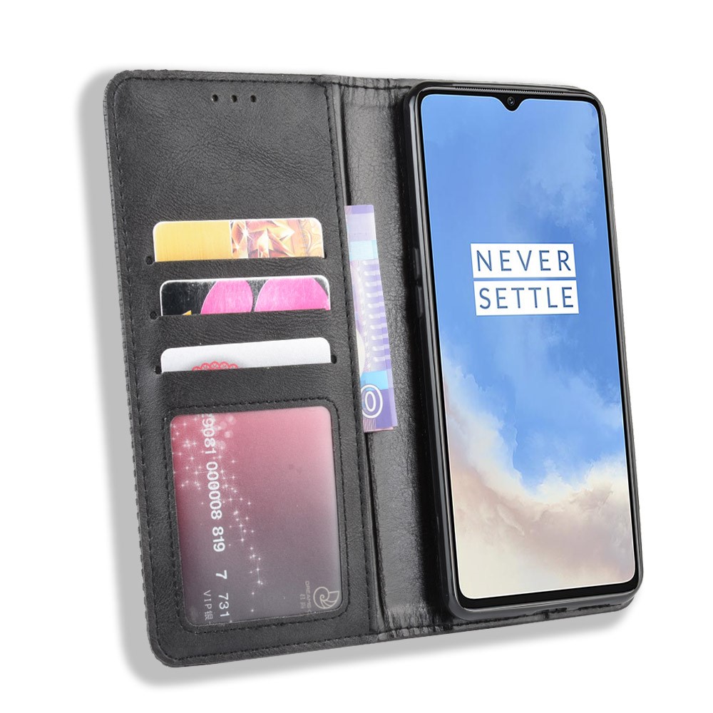 Boîtier Rétro Téléphone En Cuir Élégant Absorbé Automatiquement Pour OnePlus 7T - Noir-4