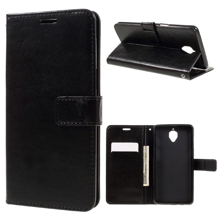 Crazy Horse Leather Wallet Stand Case for OnePlus 3 - Black-1
