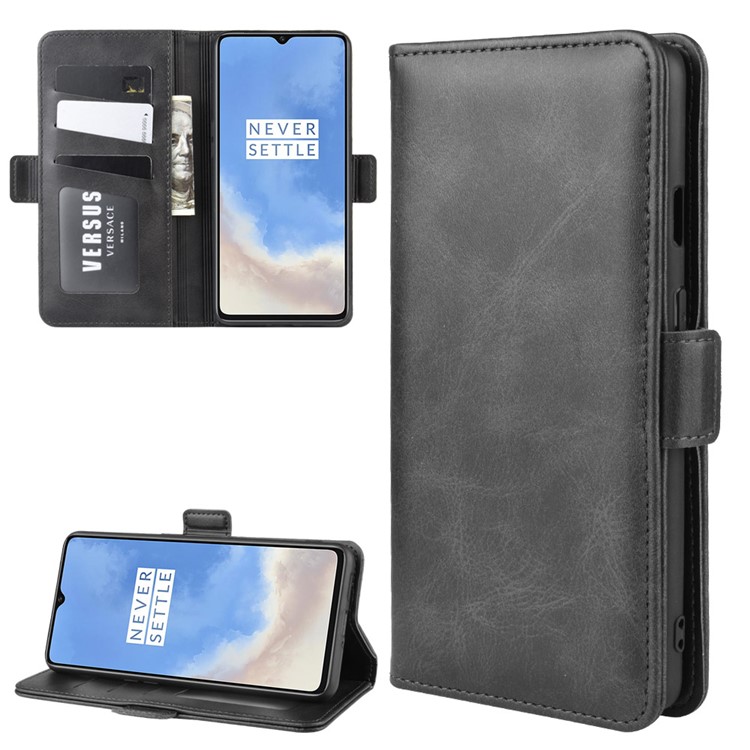 Magnet Adsorption Leather Wallet Phone Stand Cover Casing for OnePlus 7T - Black-1