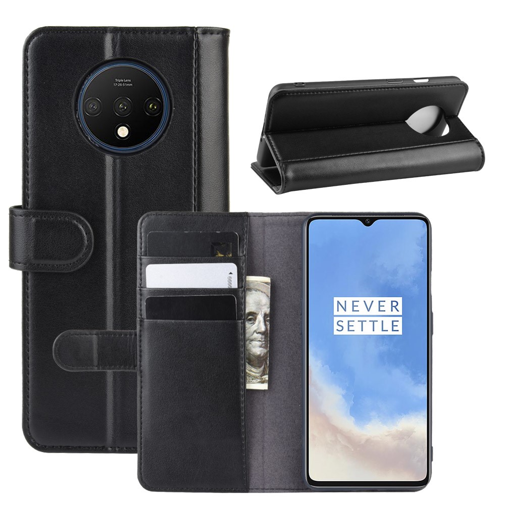Genuine Split Leather Wallet Stand Protective Phone Cover for OnePlus 7T - Black-1
