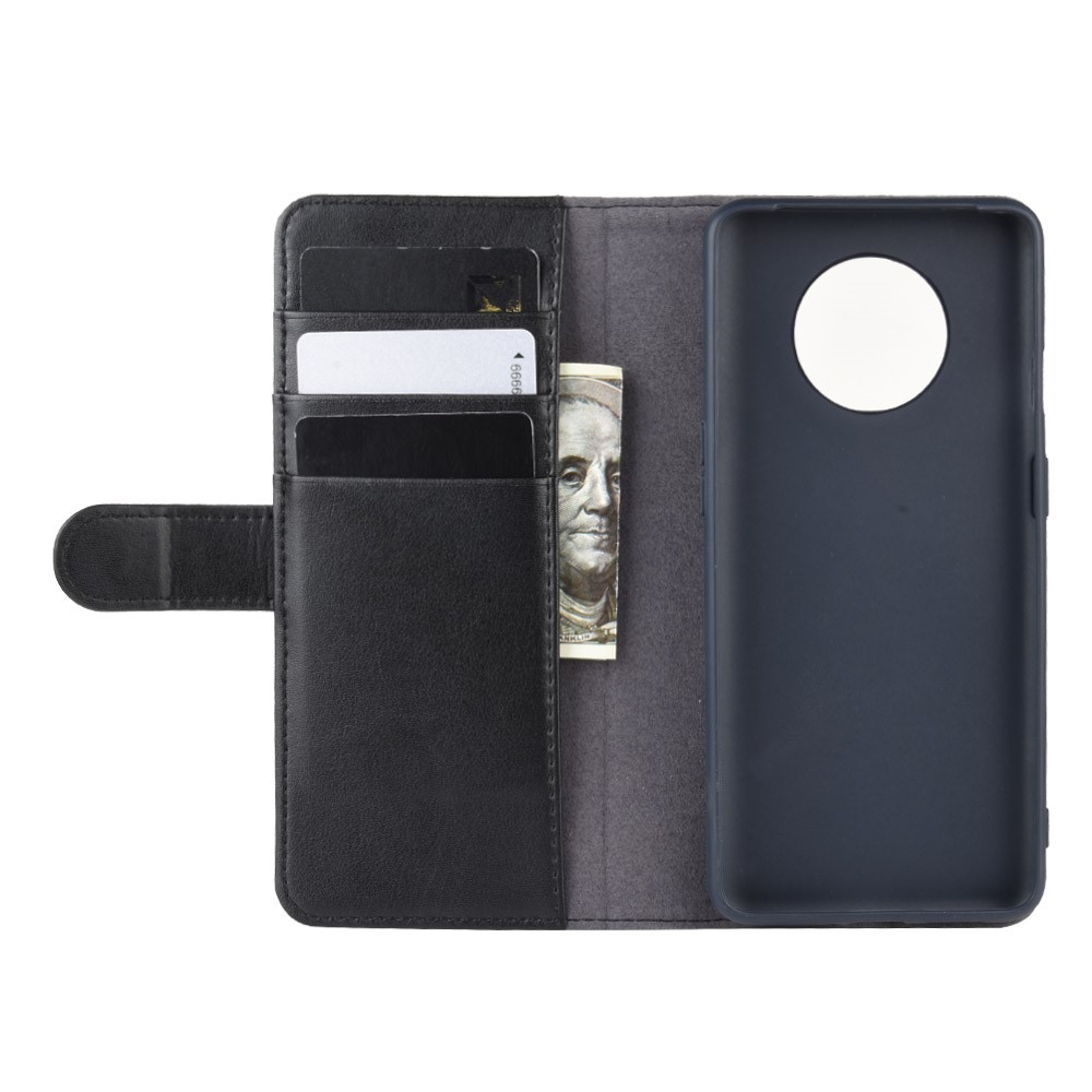 Genuine Split Leather Wallet Stand Protective Phone Cover for OnePlus 7T - Black-6