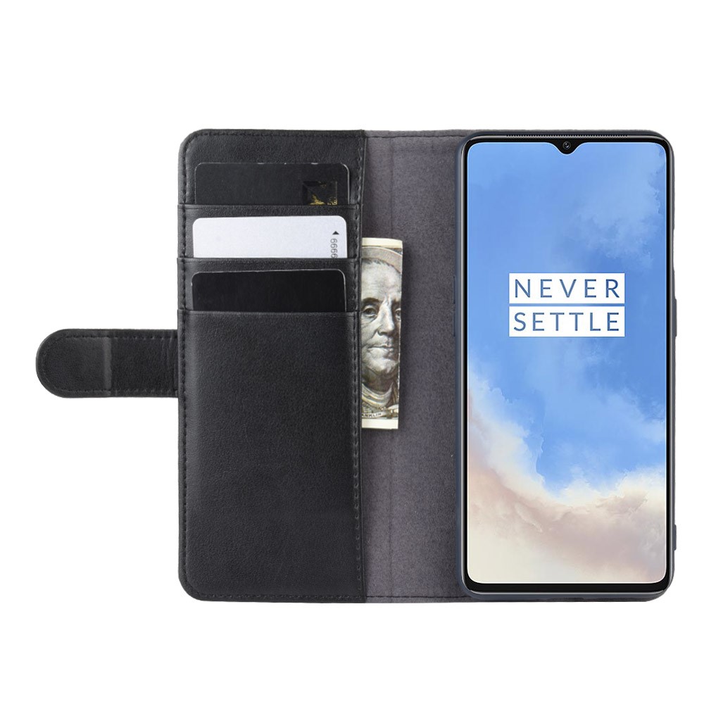 Genuine Split Leather Wallet Stand Protective Phone Cover for OnePlus 7T - Black-7