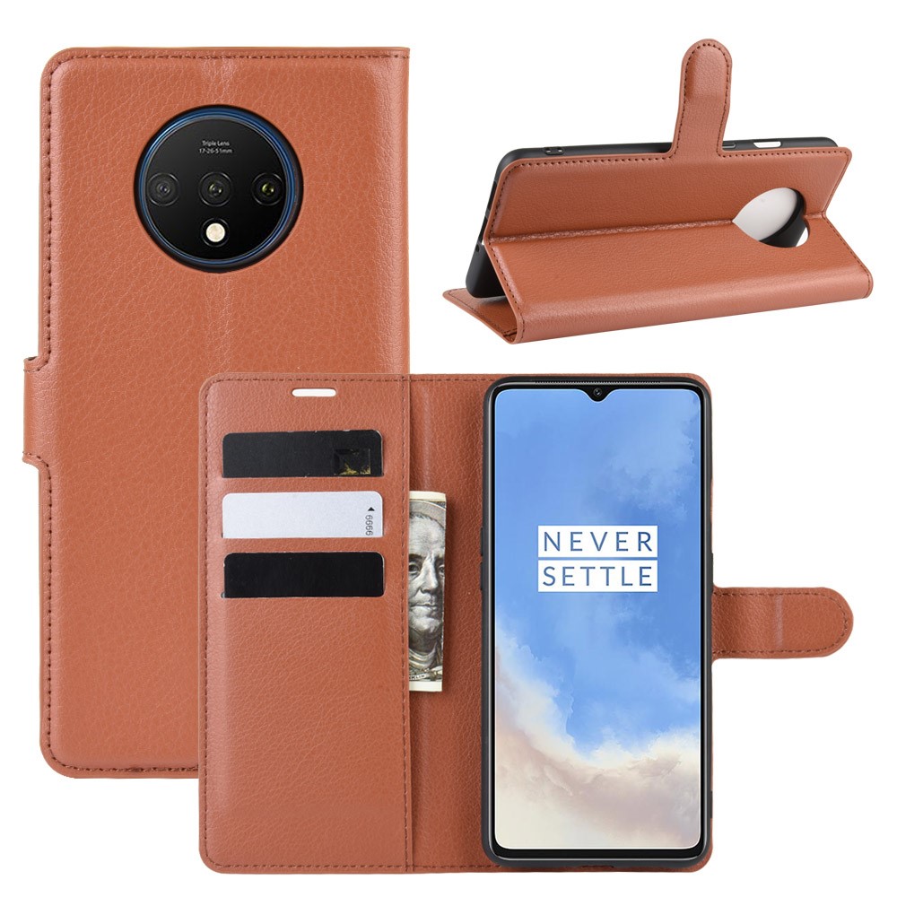 Litchi Grain Wallet Leather Phone Cover for OnePlus 7T - Brown-1