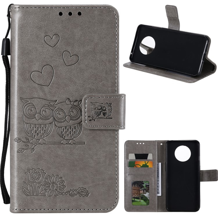 Imprint Owl Magnetic Wallet PU Leather Stand Cell Phone Cover for OnePlus 7T - Grey-1