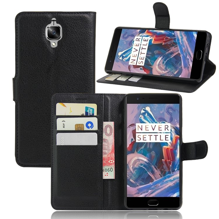 Lychee Skin Leather Wallet Case for OnePlus 3 / 3T - Black-1