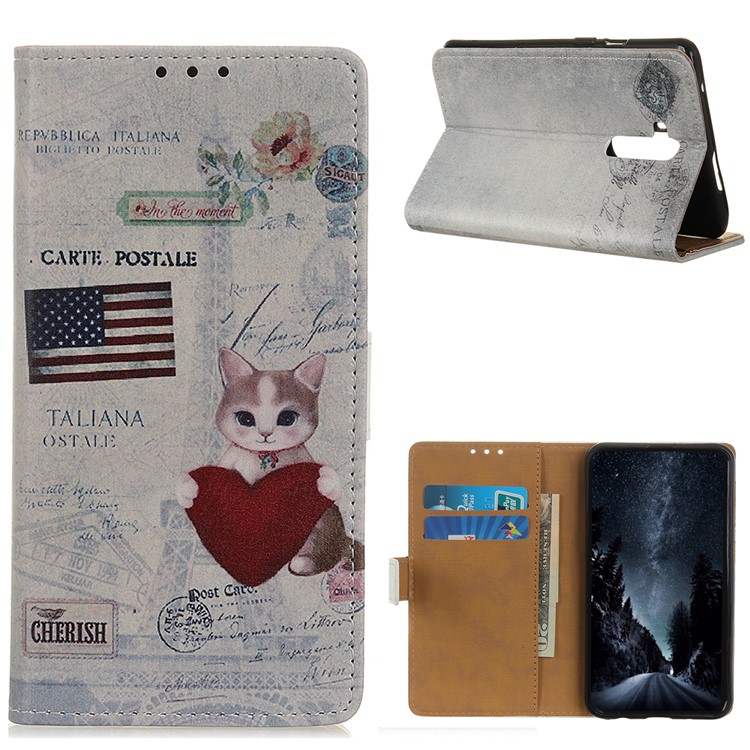 Printing Skin Leather Wallet Phone Case for OnePlus 7T Pro - Cat Holding Heart-1