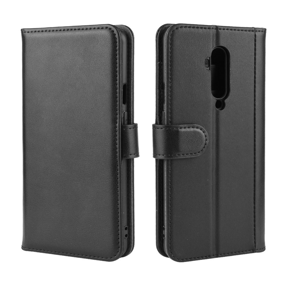 Couro Rachado Genuíno Com Shell Estande Carteira Para OnePlus 7T Pro - Preto-2