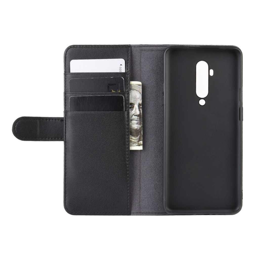 Couro Rachado Genuíno Com Shell Estande Carteira Para OnePlus 7T Pro - Preto-6