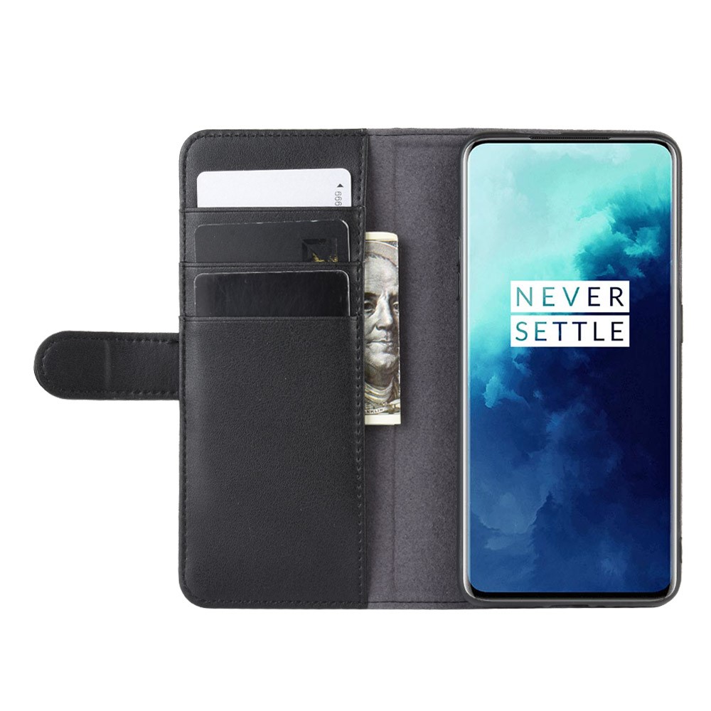 Couro Rachado Genuíno Com Shell Estande Carteira Para OnePlus 7T Pro - Preto-7