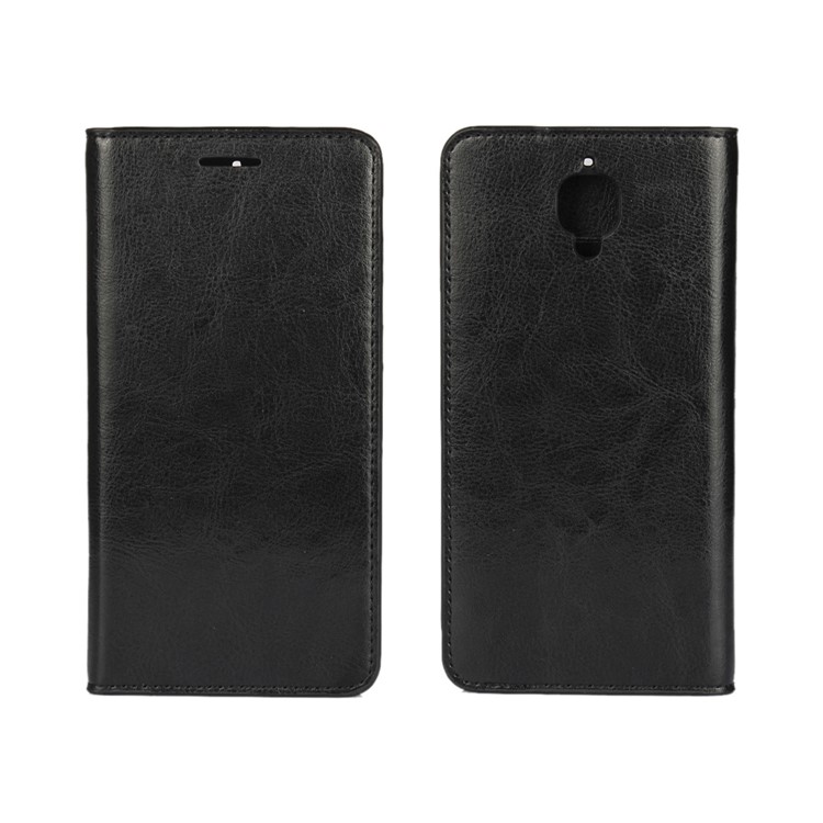 Crazy Horse Genuine Leather Wallet Stand Case for OnePlus 3 - Black-1