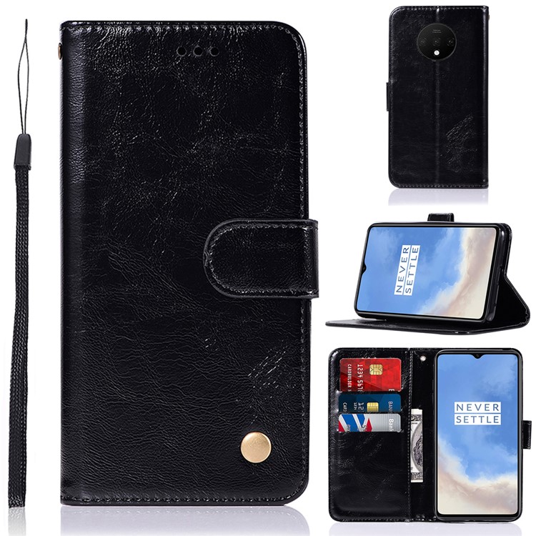 Premium Vintage Leather Wallet Shell Case for OnePlus 7T - Black-1