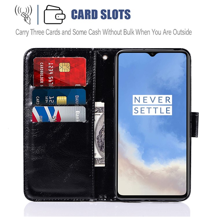 Premium Vintage Leather Wallet Shell Case for OnePlus 7T - Black-8