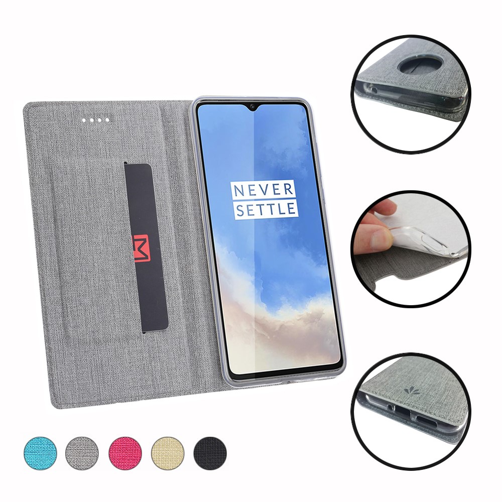 VILI DMX Cross Texture Stand Soport Tarjeta de Cuero Cubierta Del Teléfono Para OnePlus 7T - Gris-12