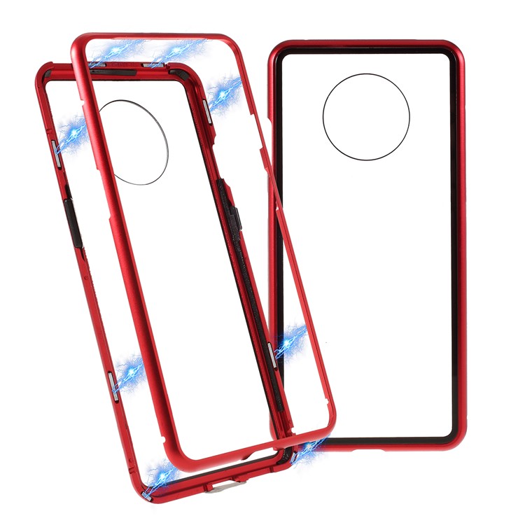 Armação De Metal Magnético + Temperado Estojo Protetor Celular De Volta De Vidro Para OnePlus 7T - Vermelho-1