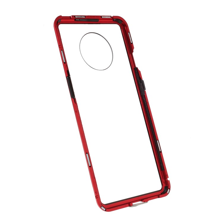 Armação De Metal Magnético + Temperado Estojo Protetor Celular De Volta De Vidro Para OnePlus 7T - Vermelho-2