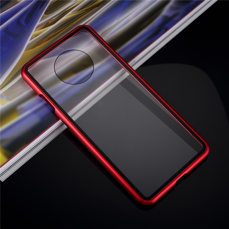 Armação De Metal Magnético + Temperado Estojo Protetor Celular De Volta De Vidro Para OnePlus 7T - Vermelho-4