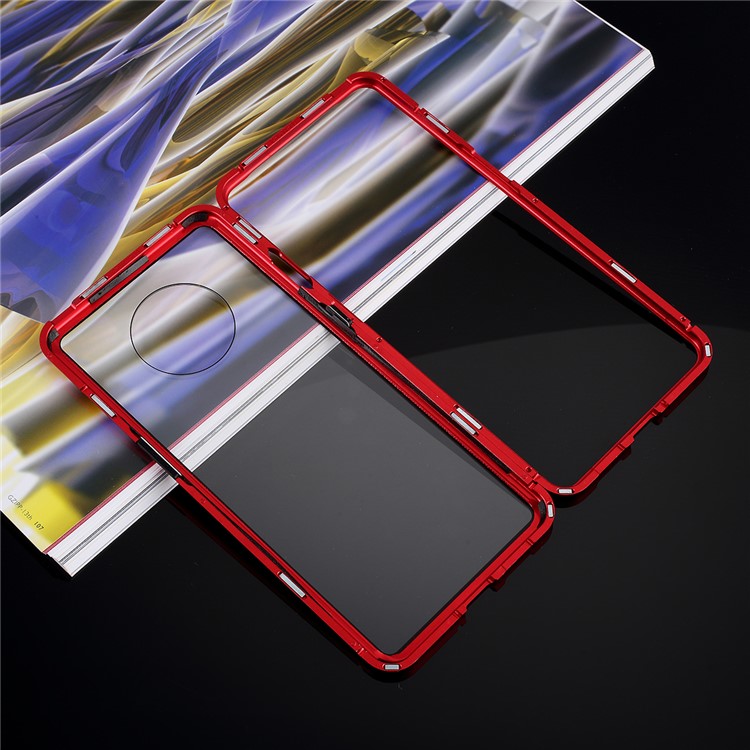 Armação De Metal Magnético + Temperado Estojo Protetor Celular De Volta De Vidro Para OnePlus 7T - Vermelho-8