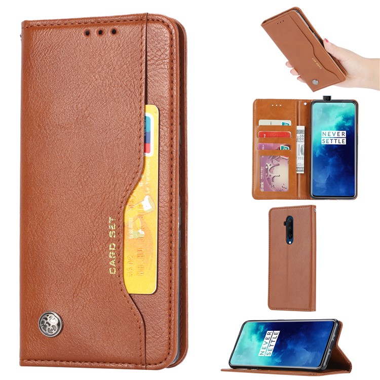 Auto-absorbed PU Leather Wallet Mobile Cover for OnePlus 7T Pro - Brown
