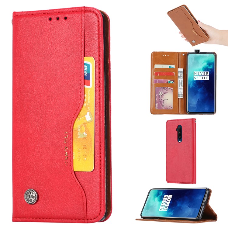 PU Carteira De Couro Da Tampa Móvel Absorvida Automaticamente Para OnePlus 7T Pro - Vermelho-1