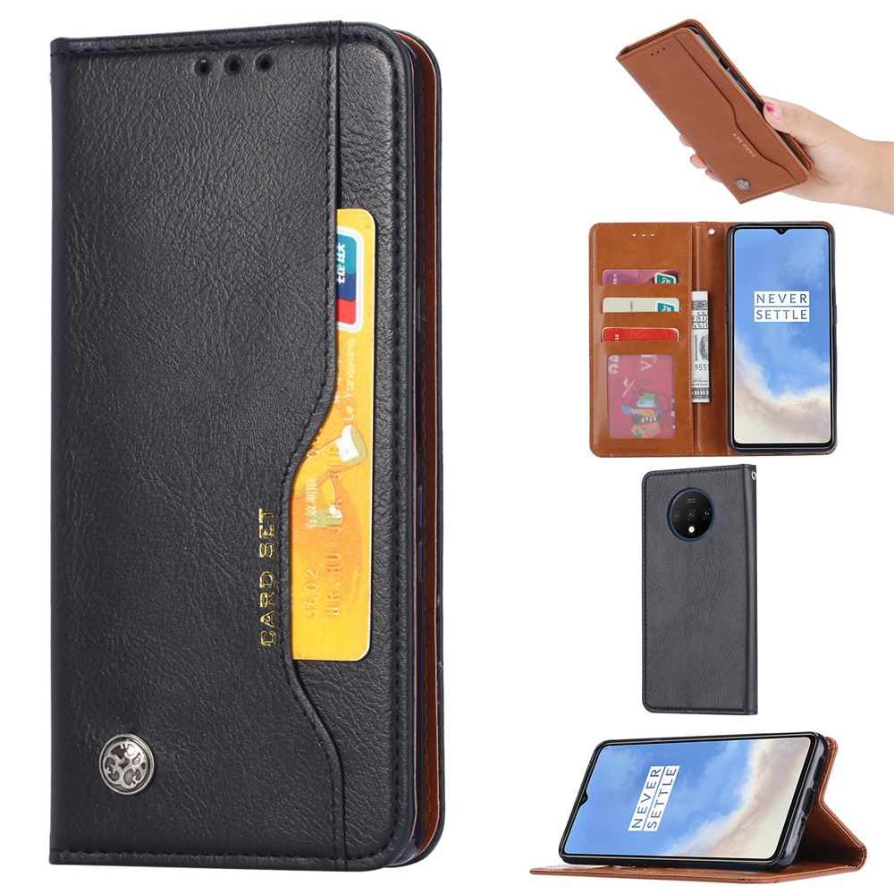 Porte-monnaie Absorbé Auto-support Étui En Cuir Flip Pour OnePlus 7T - Noir-1