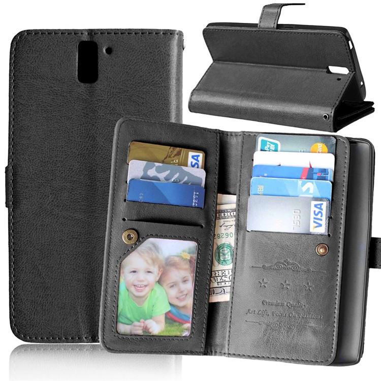Crazy Horse Leather Multi 9 Card Slots Wallet Case for OnePlus One A0001 - Black-1