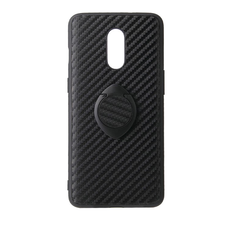 Phone Shell PU Leather+TPU with Kickstand Casing for OnePlus 7 - Black Carbon Fiber Texture-1