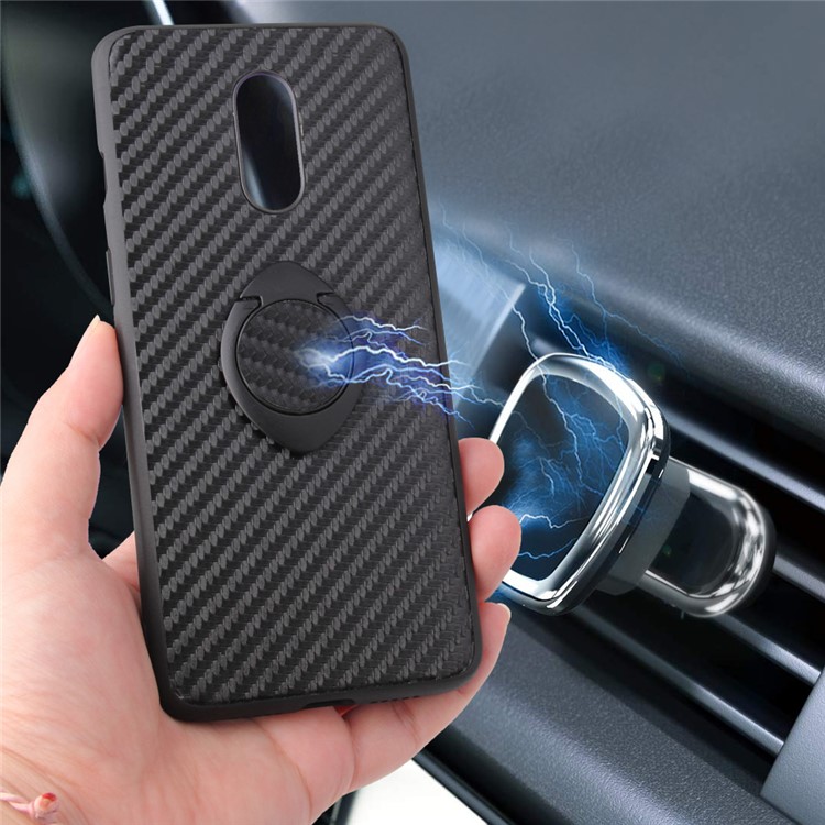 Phone Shell PU Leather+TPU with Kickstand Casing for OnePlus 7 - Black Carbon Fiber Texture-9