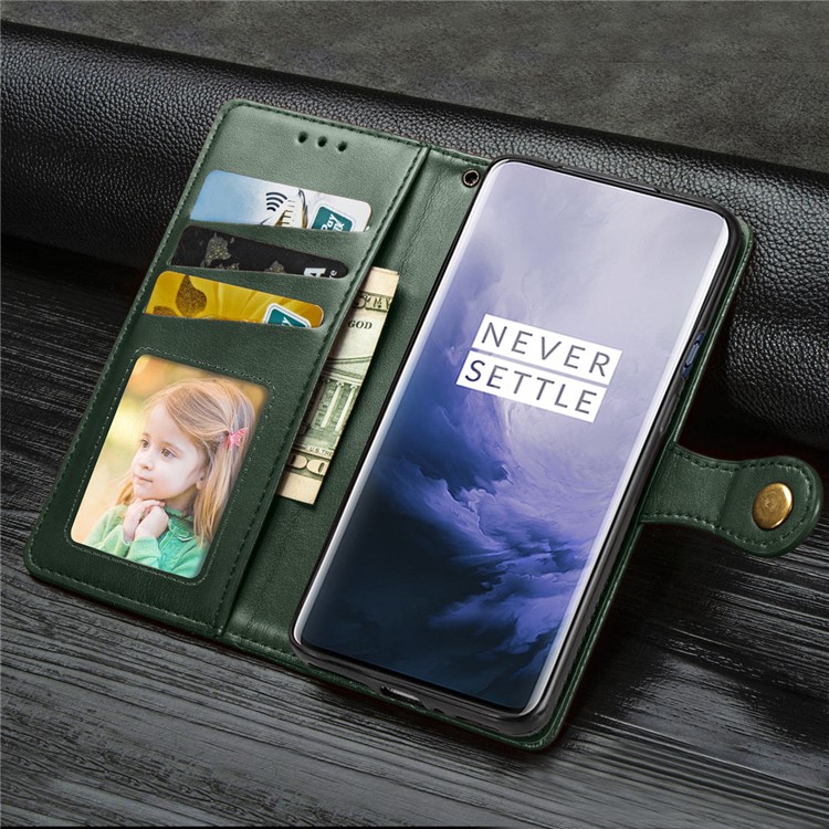 Solid Color Wallet Stand Leather Phone Casing for OnePlus 7 Pro - Army Green-12