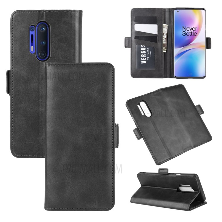 Double Clasp Flip Leather Wallet Stand Phone Case Cover for OnePlus 8 Pro - Black-1