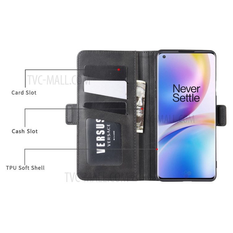 Double Clasp Flip Leather Wallet Stand Phone Case Cover for OnePlus 8 Pro - Black-9