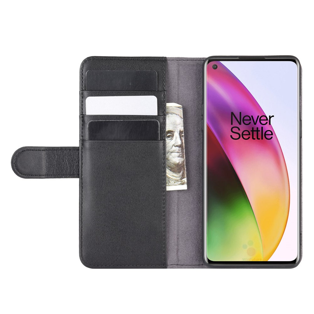 Genuine Split Leather Wallet Stand Protection Case Phone Cover for OnePlus 8 - Black-6