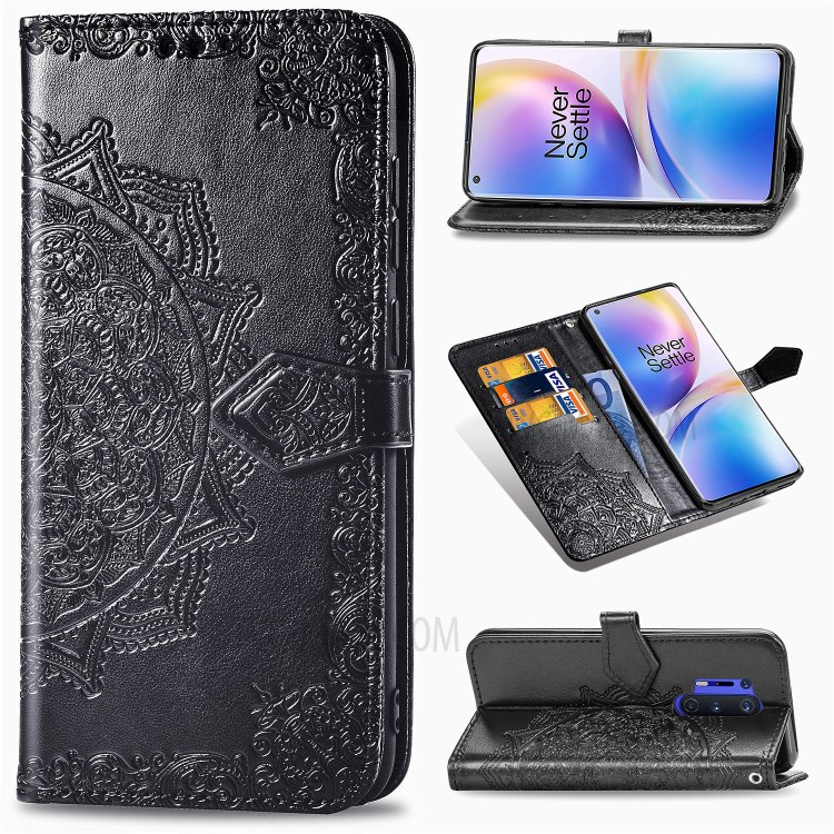 Embossed Mandala Flower Leather Case with Wallet Stand for OnePlus 8 Pro - Black-1