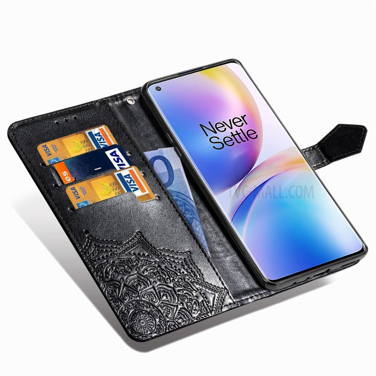 Embossed Mandala Flower Leather Case with Wallet Stand for OnePlus 8 Pro - Black-12
