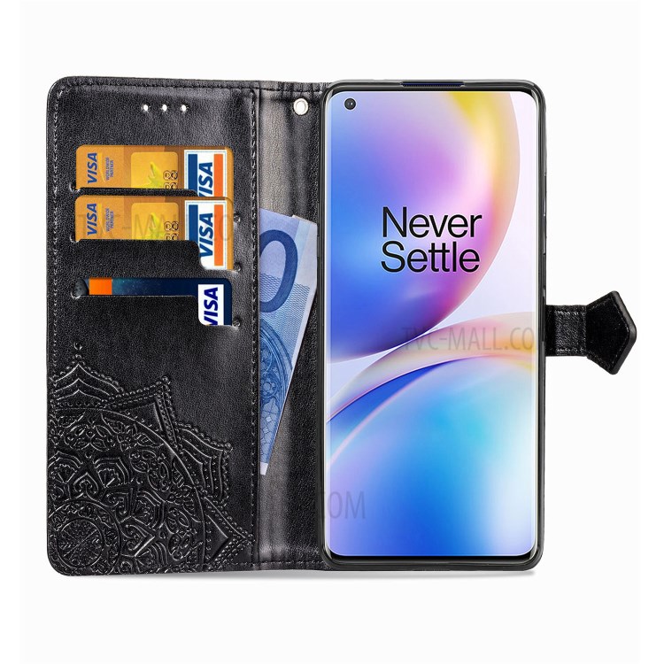 Embossed Mandala Flower Leather Case with Wallet Stand for OnePlus 8 Pro - Black-9