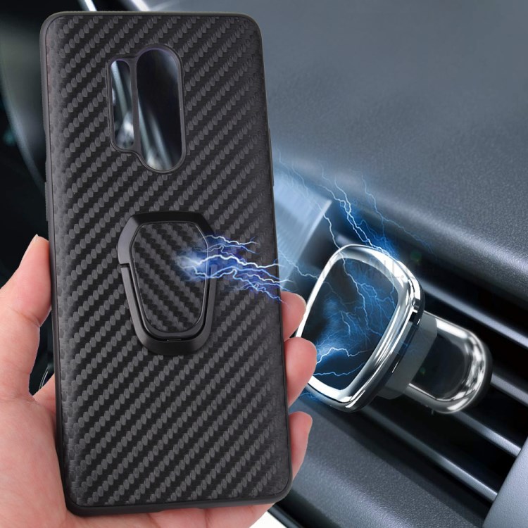 Finger Ring Holder PU Leather Skin TPU Phone Case for OnePlus 8 Pro - Carbon Fiber-10