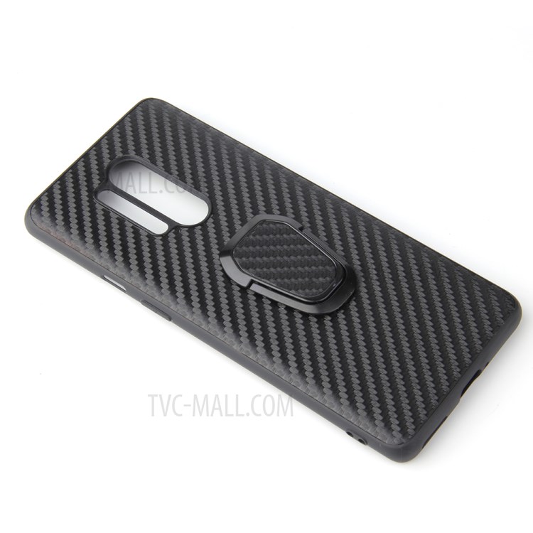 Finger Ring Holder PU Leather Skin TPU Phone Case for OnePlus 8 Pro - Carbon Fiber-3