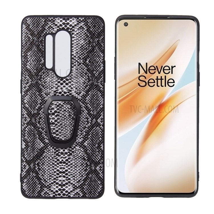 Fingerring Halter PU Lederhaut TPU Telefonkasten Für OnePlus 8 Pro - Schlange Textur-1